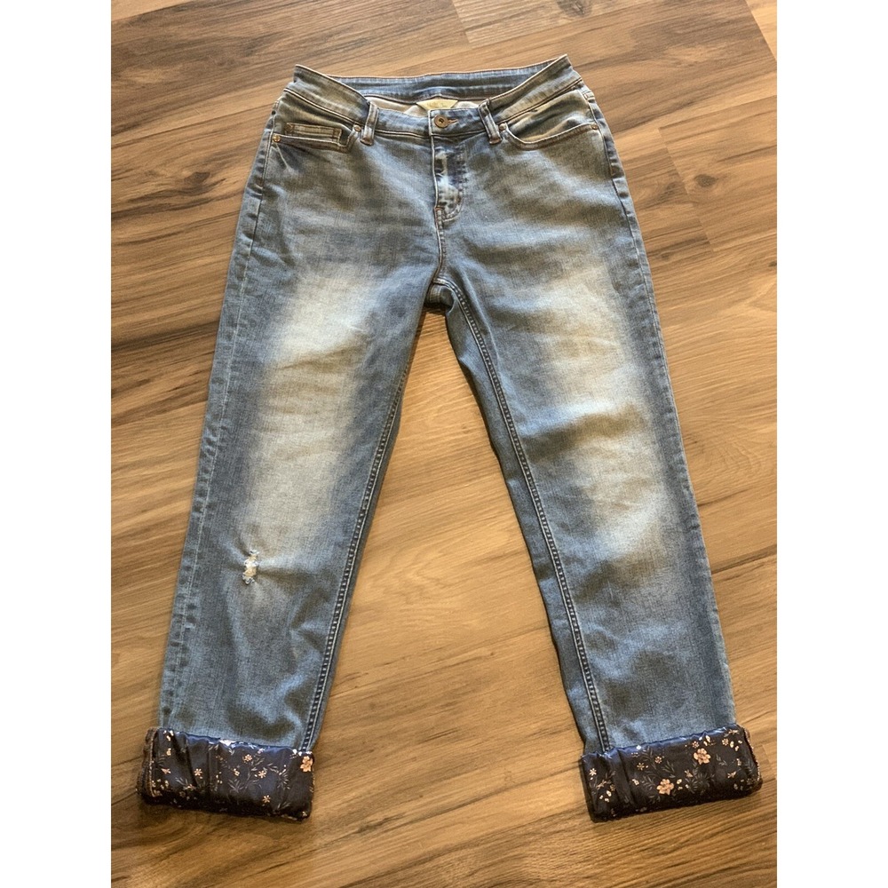 Matilda Jane Straight Leg Jeans Women 8 Blue Floral Cuff Distressed Stretch Boho - Picture 3 of 10